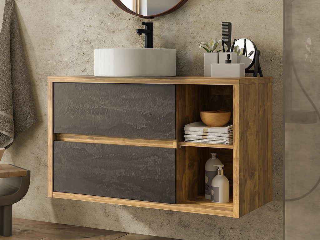 Badezimmer-Hängeschrank mit rundem Waschbecken - Natur und anthrazit - 100 cm - TIKITIKI