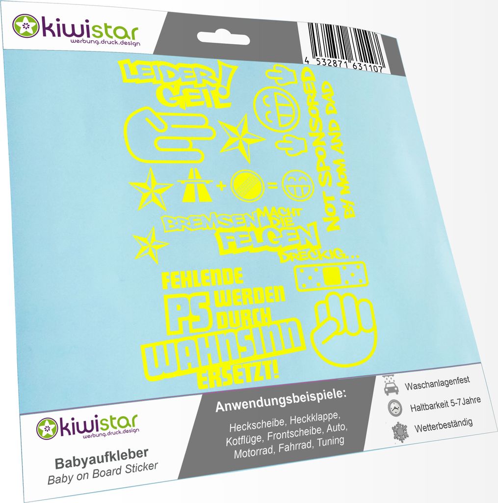 Kiwistar Sticker Bomb Set 01 - Bogengröße: A4 Bremsen...Felgen..., Shockerhand, Autobahnfreak, Fehlende PS..., Leider Geil Auswahl Sammlung Aufkl...