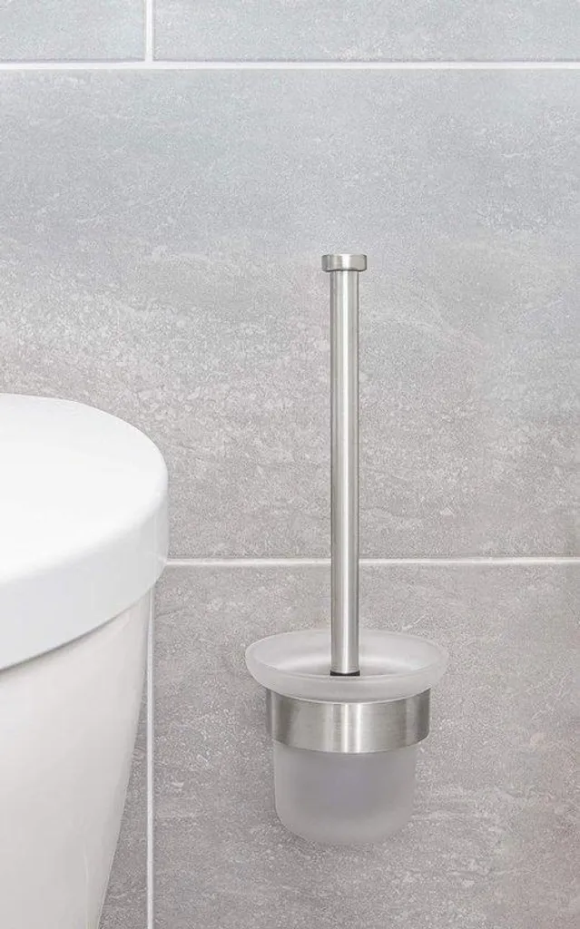 Brosse WC design inox avec tête de rechange et support verre robuste