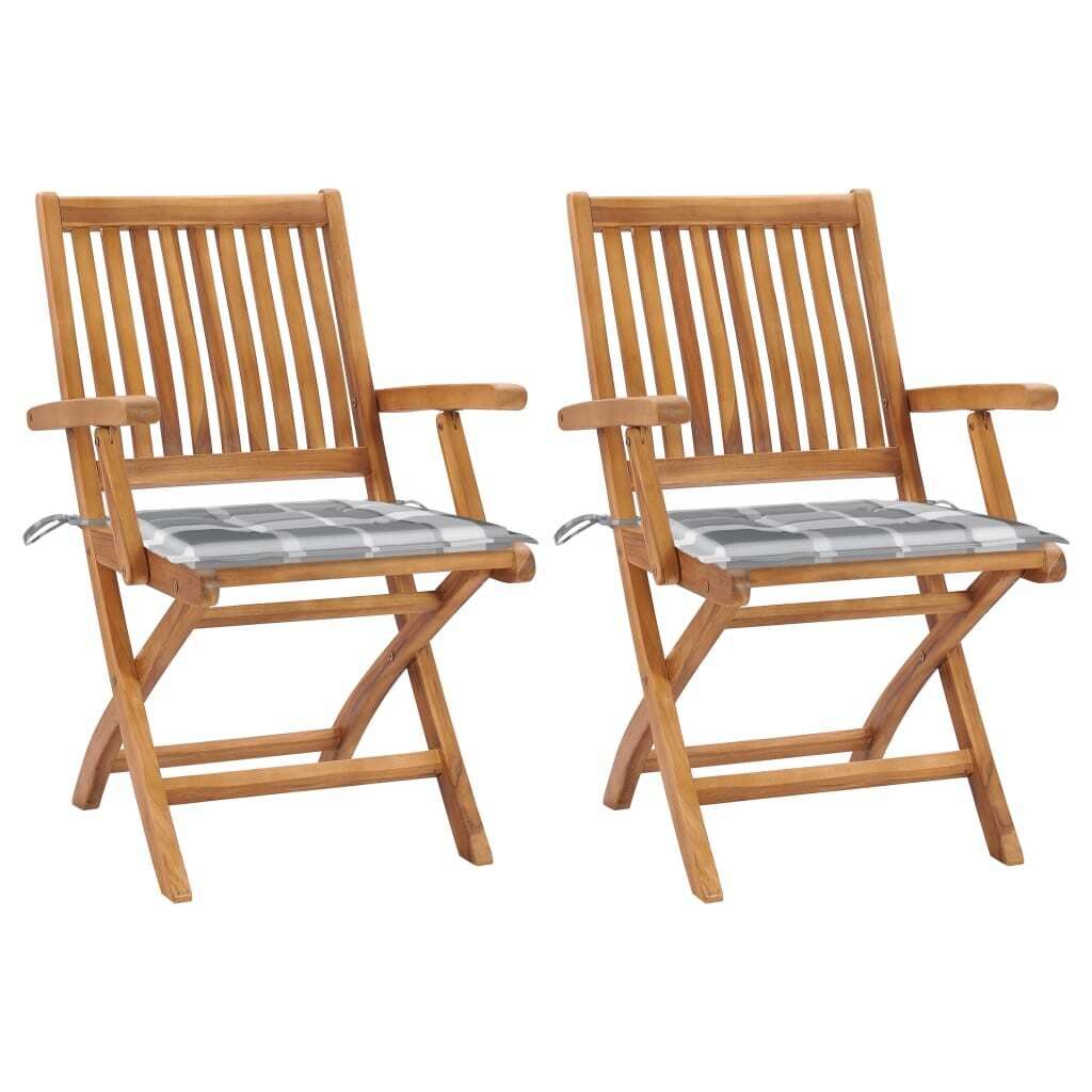 Maison Exclusive - Gartenstühle 2 Stk. Graue Karomuster-Kissen Massivholz Teak