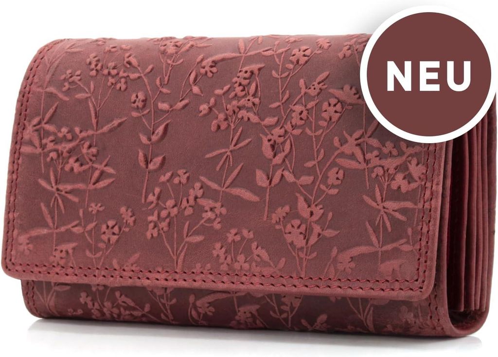 Ekavale Damen Portemonnaie Leder mit Blüten Muster, Langformat Geldbörse mit Druckknopf, RFID-Schutz, Viele Fächer, Stylisch & Sicher 150 cm