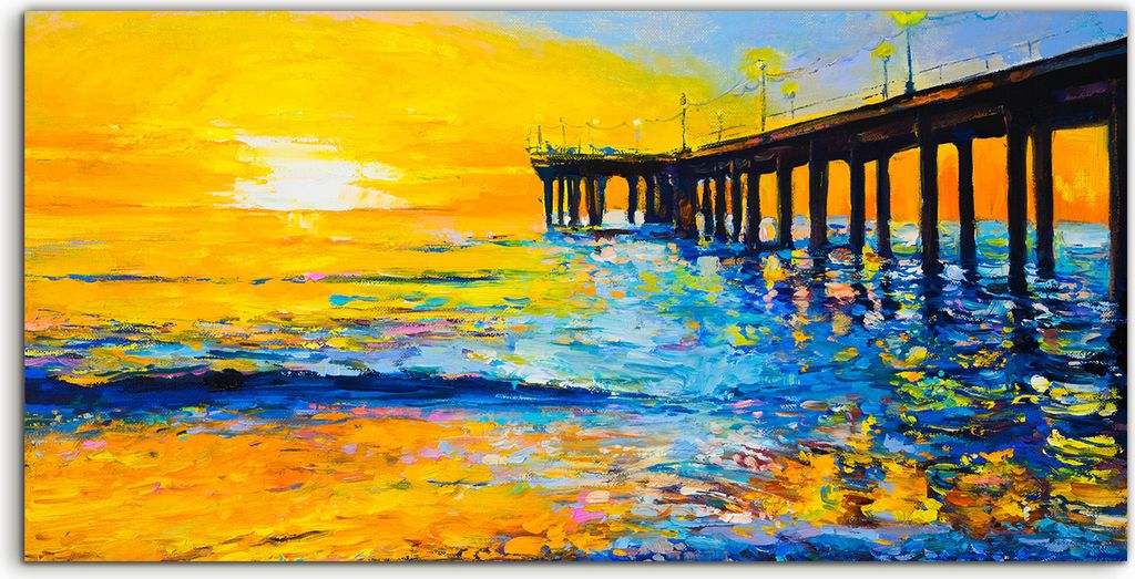 Coloray Acrylbild 100x50 Wandbild Acrylbilder Brücke Wasser Sonnenaufgang farbenfroh