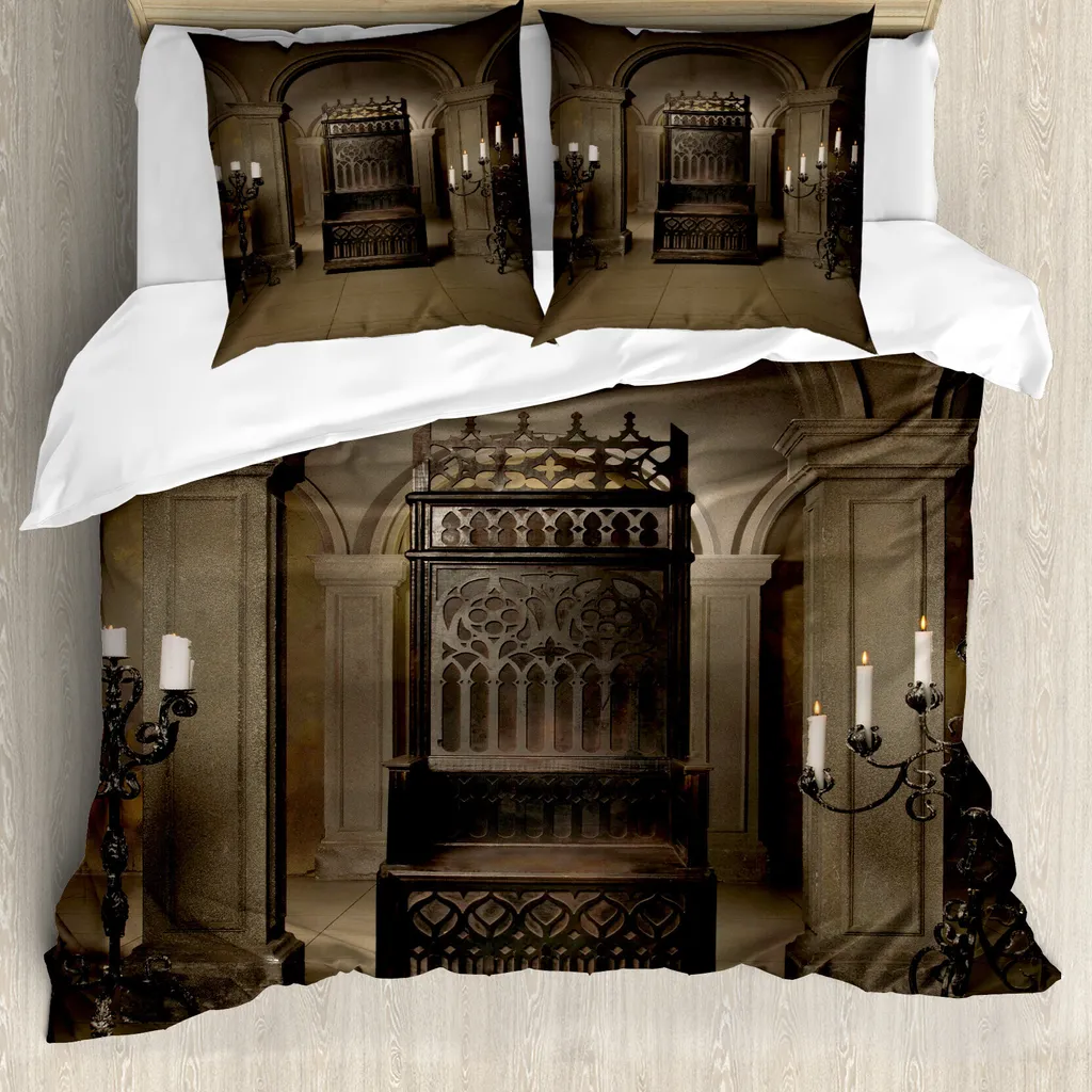 ABAKUHAUS Copripiumino gotico, Castello rinascimentale, antiacaro, adatto a chi soffre di allergie, con federe, 155 cm x 220 cm - 80 x 80 cm, beige marrone