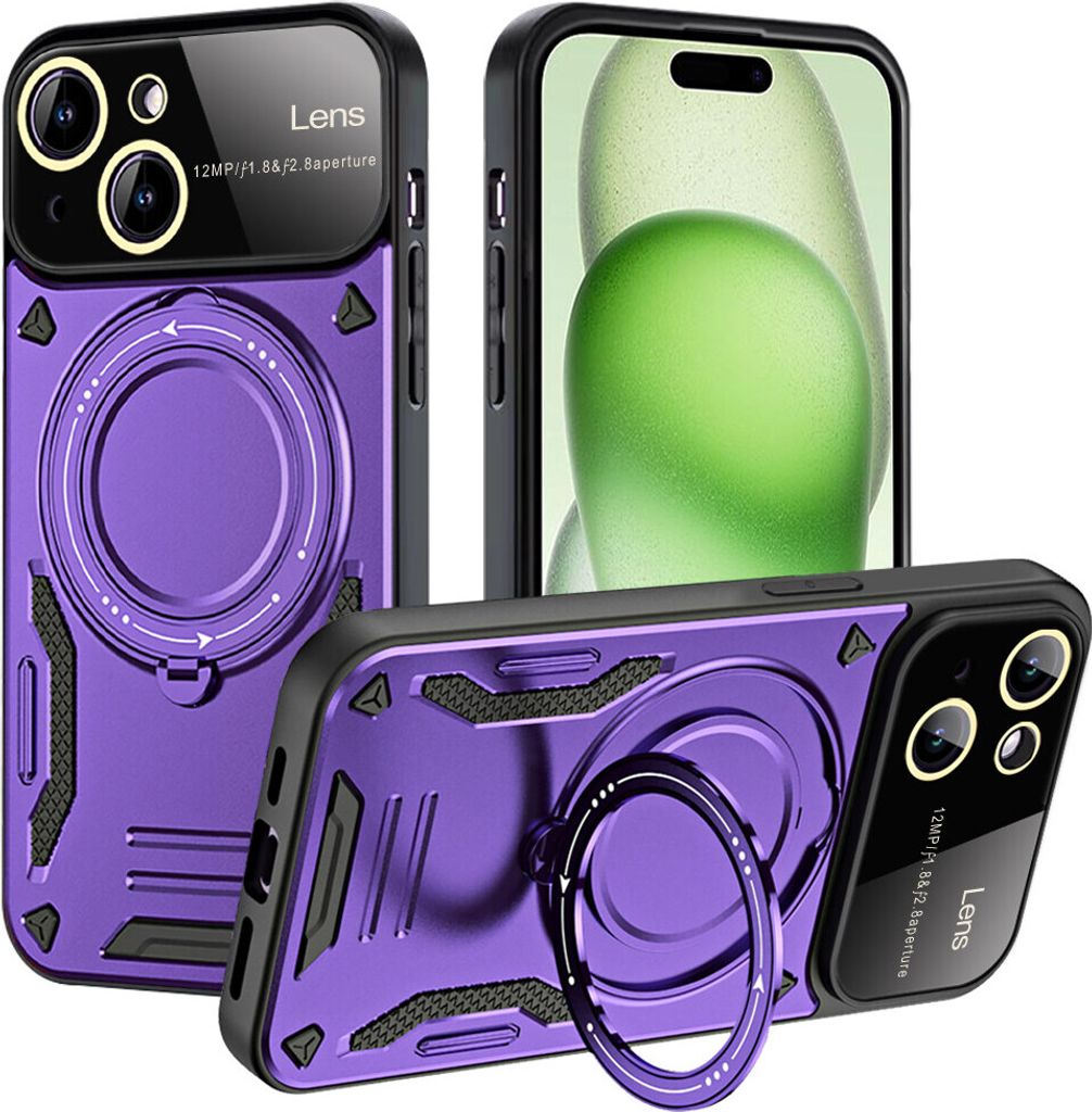 Rüstung Handyhülle für iPhone 15 Plus Dual-Layer Magnetisches Ringhalter Ständer Magsafe Hülle Lila