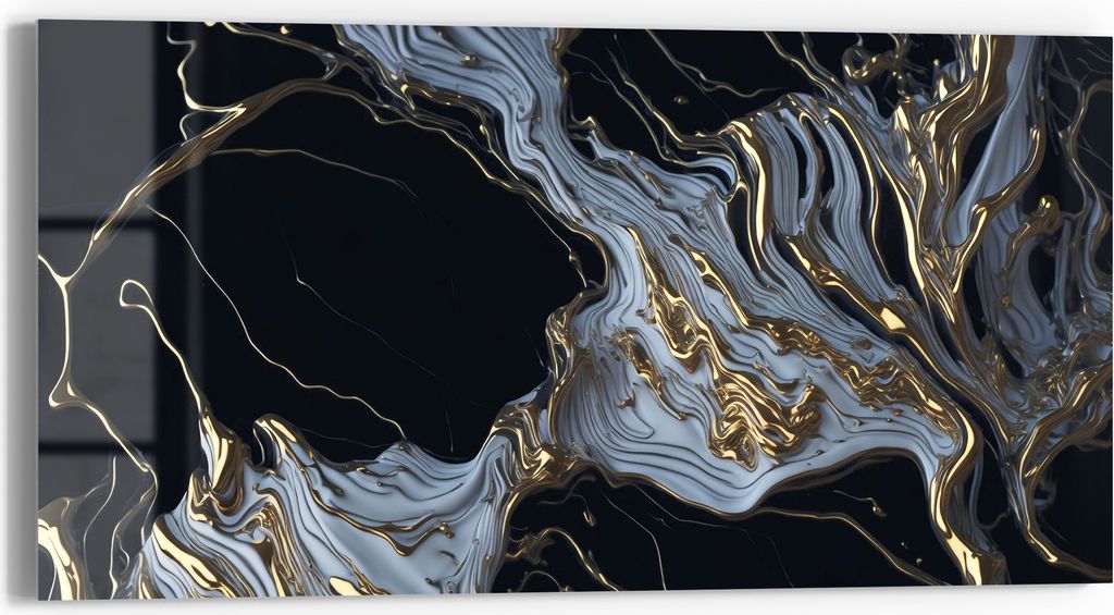 DEQORI Glasbild Echtglas 60x30 cm 'Fließendes Gold' Wandbild Bild modern Deko