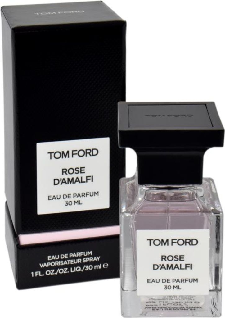 A bottle of Tom Ford Rose D'Amalfi Eau de Parfum and its packaging are displayed against a white background.