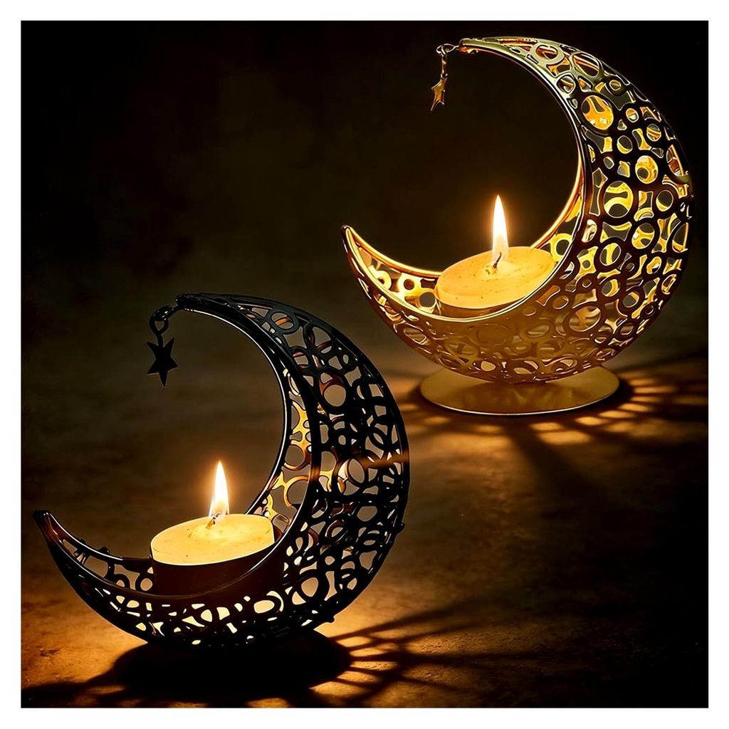 2 Stück Teelichthalter Moon Kerzenständer, Gold Windlicht Laterne Tischdeko, Ramadan Deko Teelichthalter, Moderne Wohnzimmer Deko, Kerzenhalter f...