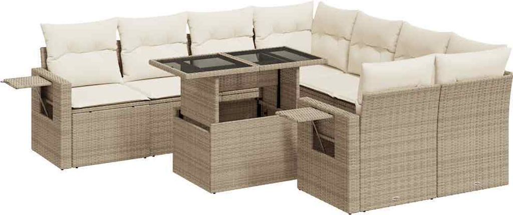 "WINTER SALE" 9-tlg. Garten-Sofagarnitur/Garten-Essgruppe - Lounge-Set - Balkonmöbel Set - mit Kissen Beige Poly Rattan - Gartenmöbelset NEU2120131