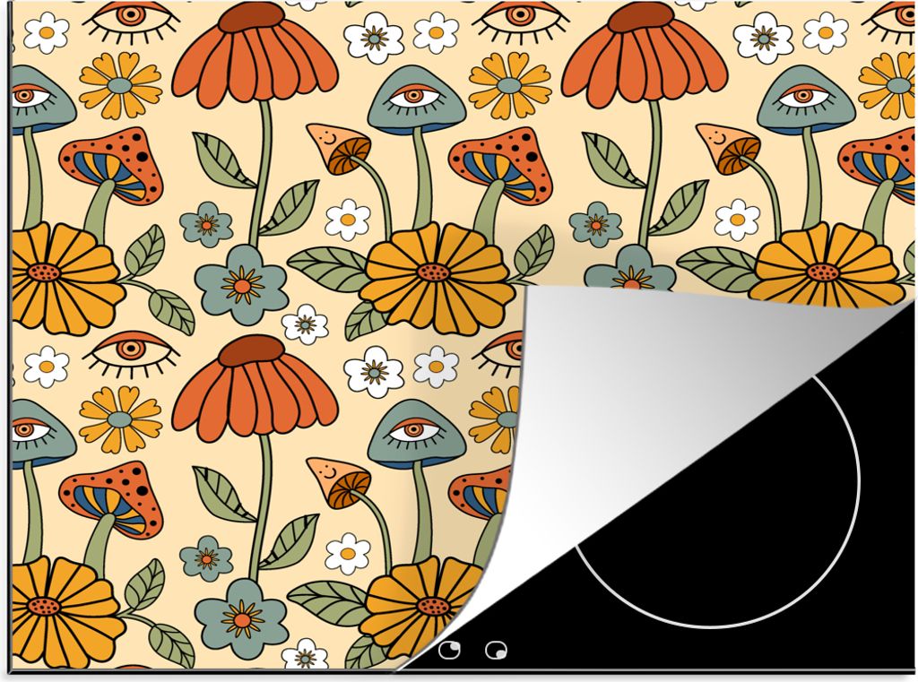 KitchenYeah Herdabdeckplatte Muster - Vintage - Blumen - Augen , 57x51cm, Küche Deko, Glaskeramikkochfeld Herdabdeckung, Abdeckplatte fùr Kochfeld