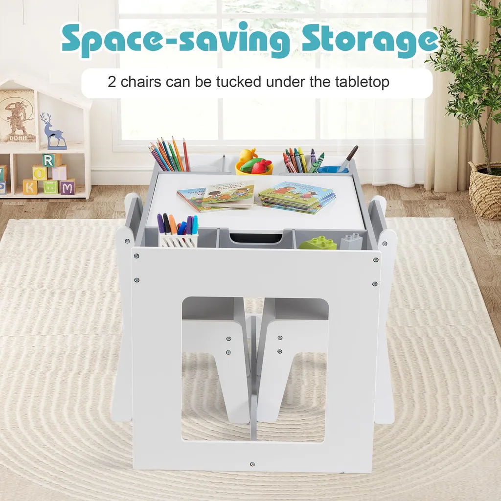 COSTWAY Table 3 en 1 Enfants avec 2 Chaises et Rangement Gris Modèle K12 - 5