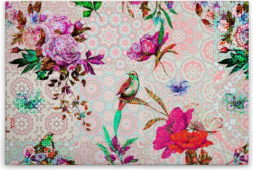 Leinwandbild Blumen 60 x 90 cm - Wandbild Vögel Rosa Rot - Keilrahmen Floral Tiere Wohnzimmerdeko Wanddeko Wandgemälde