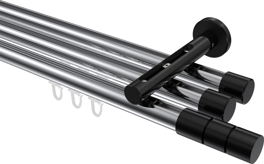 Interdeco Innenlaufstange / Gardinenstange mit Innenlauf Chrom / Schwarz, Typ Siteno Elanto (Rillenzylinder), 20 mm Ø 3-läufig, 120 cm