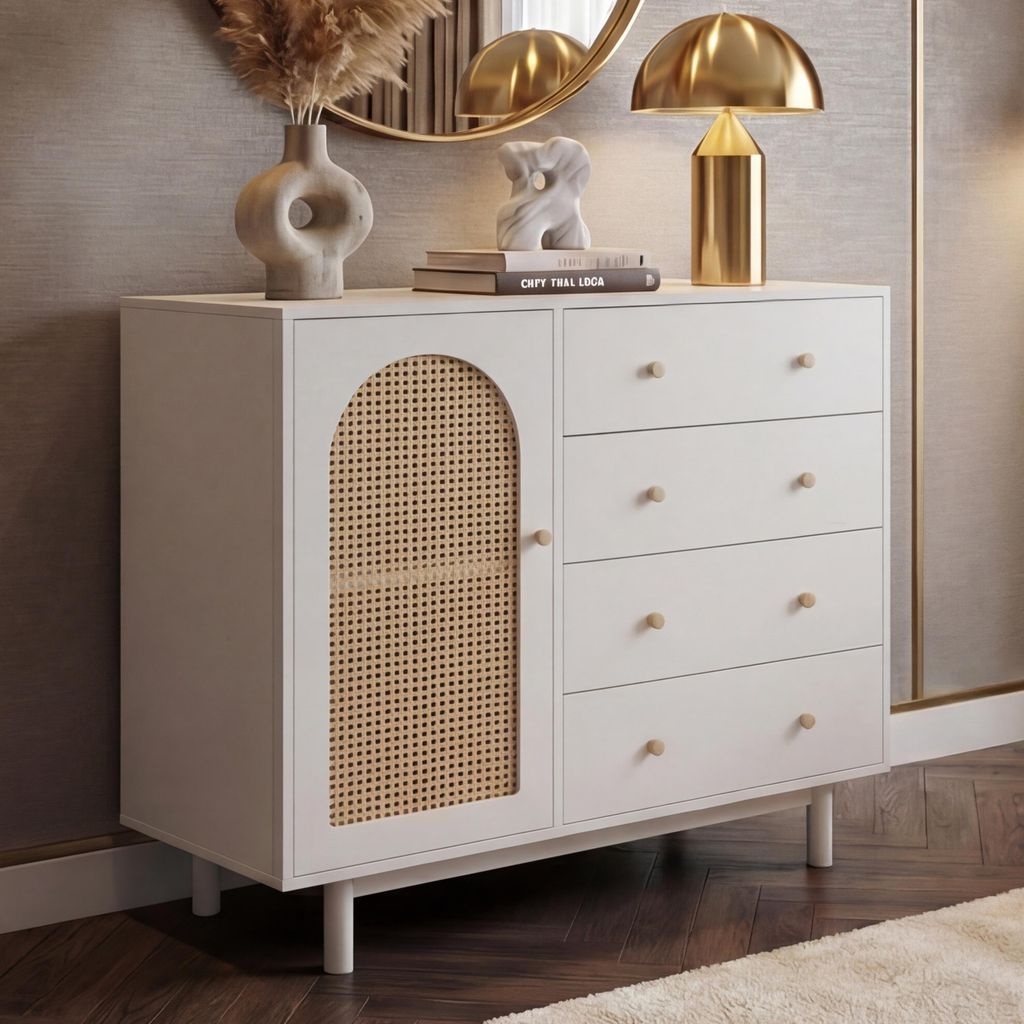 Kommode HWC-P52, Schrank Sideboard Highboard, Schubladen Staufächer, Poly-Rattan MDF Melamin 95x100x40cm weiß
