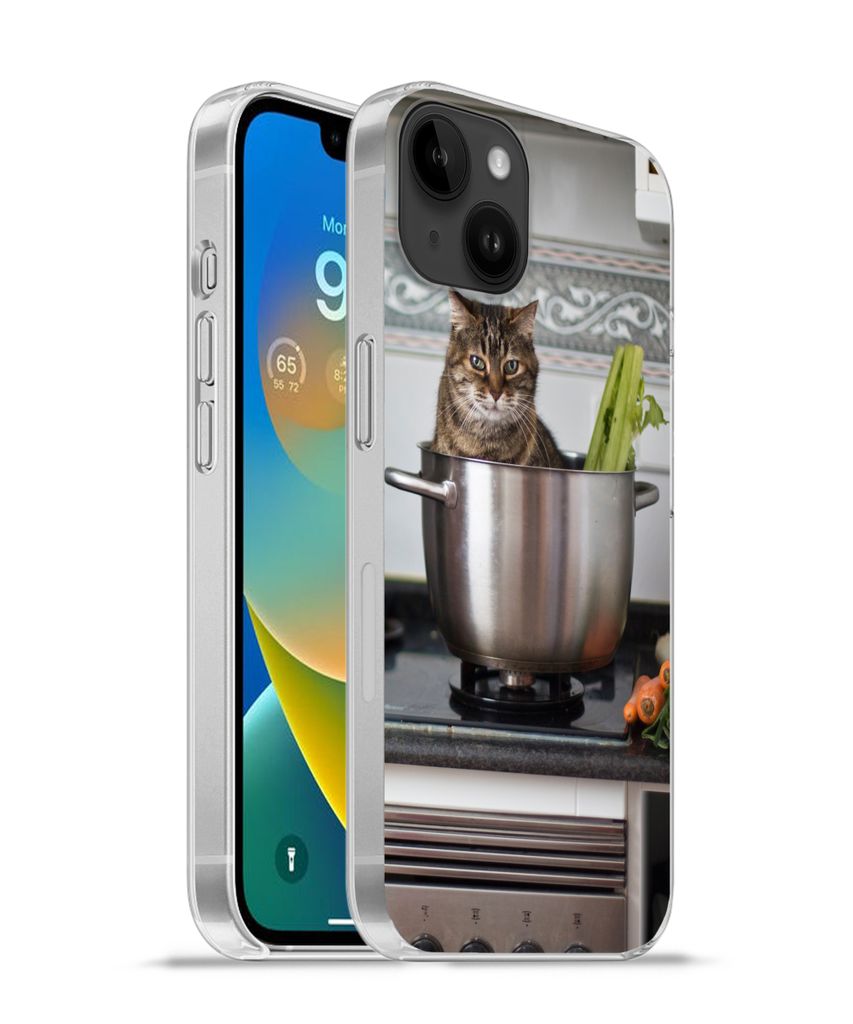 MuchoWow Handyhülle Schutzhülle Hülle für Apple iPhone 14 Plus - Soft case Katze - Pfanne - Küche Silikon Softcase Handy Hülle - Abbildung