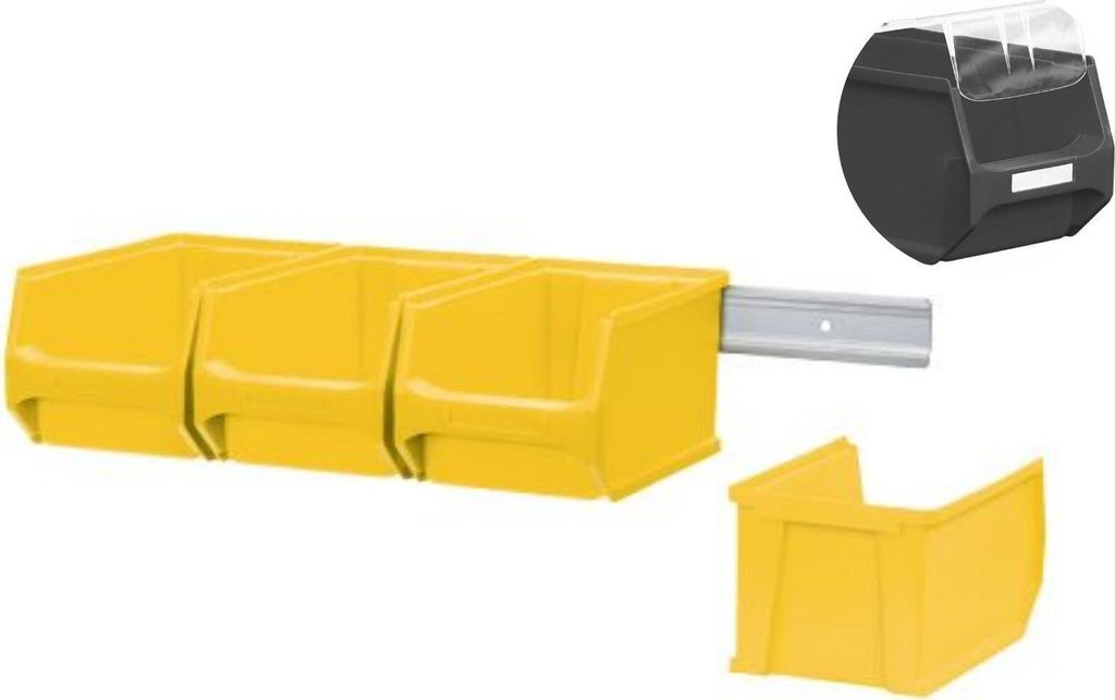 Wandleiste mit 4x Gelbe Sichtlagerbox 3.0 mit Abdeckung | HxBxT 12,6x60,5x23,6cm | Wandhalterung, Kleinteileaufbewahrung, Sortimentsboxhalterung