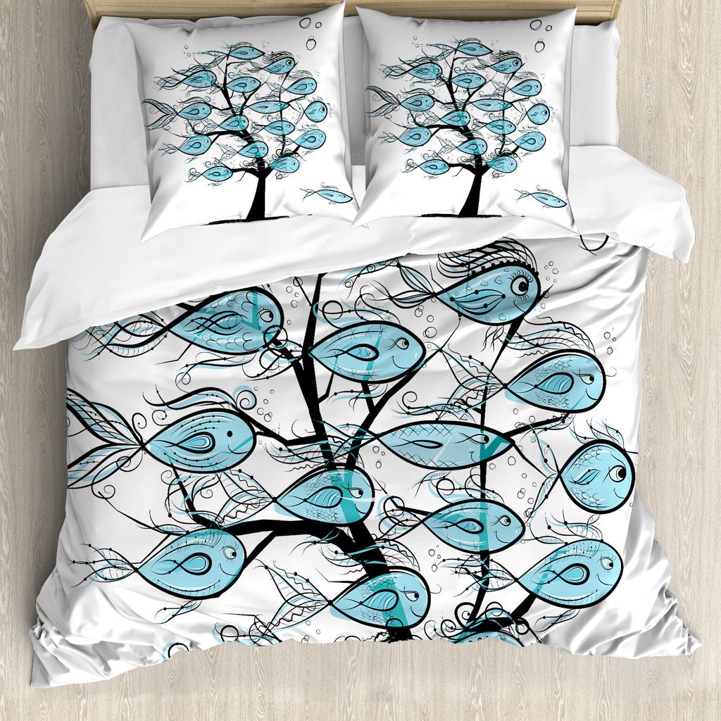 ABAKUHAUS Fisch Bettbezug, Meerestiere auf Baum-Thema, Milbensicher Allergiker geeignet mit Kissenbezügen, 200 cm x 200 cm - 80 x 80 cm, Blau und ...