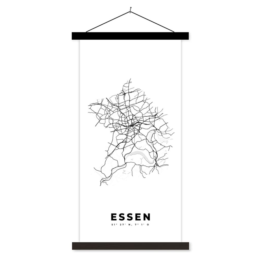 MuchoWow Textilposter Stadtplan - Schwarz-weiß - Karte - Essen - Deutschland - Karte 40x80 cm mit schwarzem Rahmen - Wandemalerei