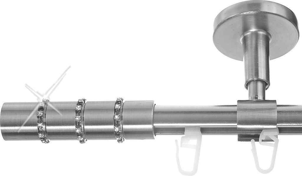 Innenlauf Gardinenstange Edelstahl look, Durchmesser 16mm, Deckenträger D70, 1-läufig, Länge 480, Endkappe E25