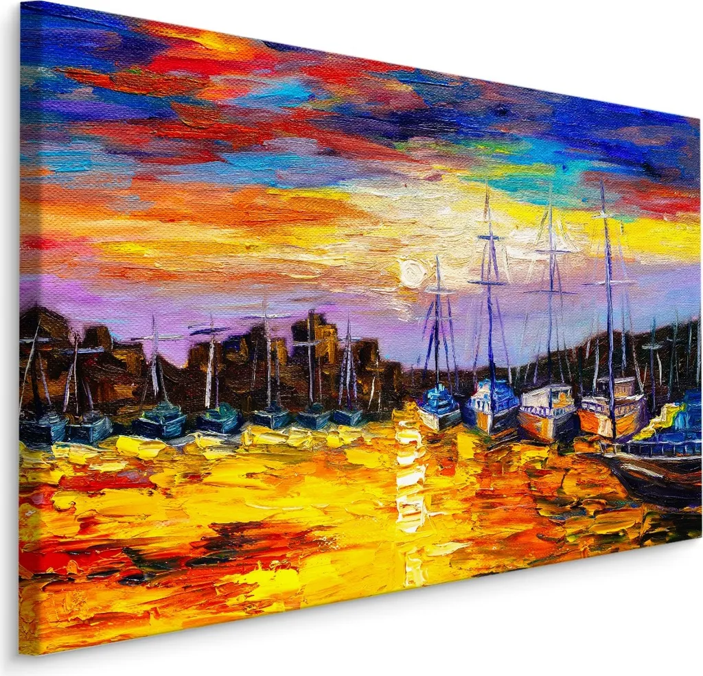 Quadro su Tela Mare Porto Barche a Vela 120x80 cm XXL - Atmosfera Serale