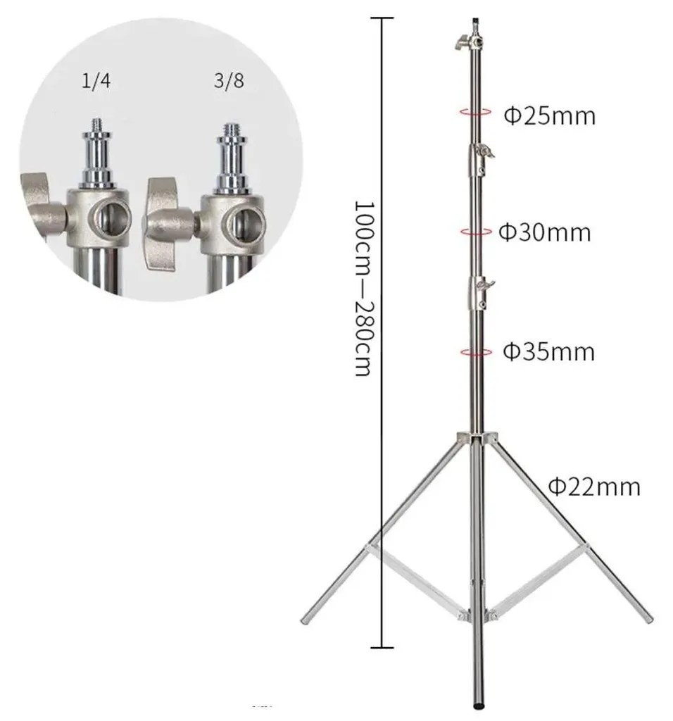 Trépied haute taille 2,8 m en inox argenté pour éclairage et caméras