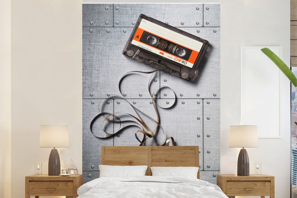 MuchoWow Fototapete für Wohnzimmer oder Schlafzimmer Wandtapete Vinyl Motivtapete Kassettenband - Farbband - Retro - 170x260 cm - Wohnzimmertapete
