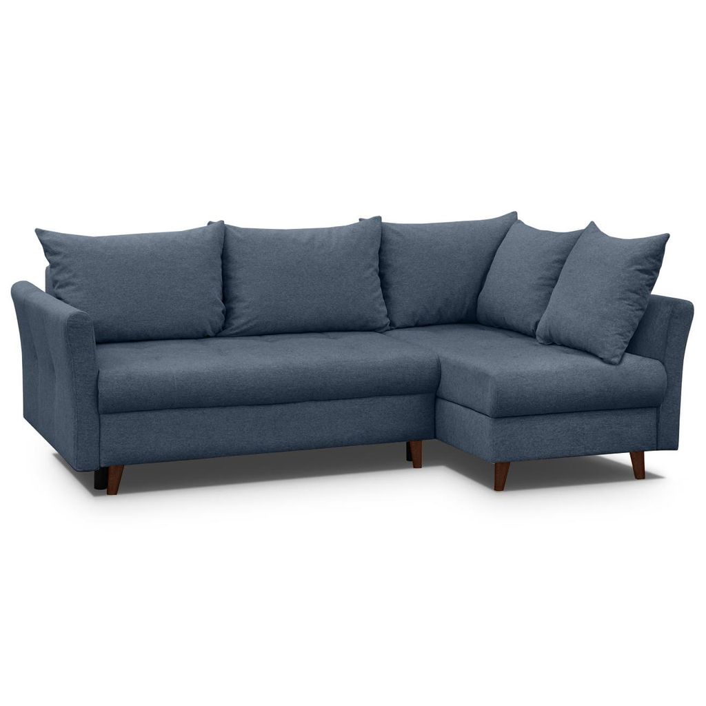 Ecksofa NERON - Couch L-form mit Schlaffunktion & 2x Bettkasten, Eckseite rechts, Dunkelblau, Wenge-Füße