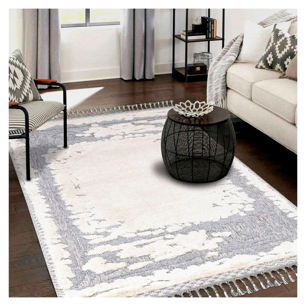 Teppich für das Wohnzimmer - Abstrakt - 120x170cm - Creme Grau Blau - Fransen Deko Boho Flauschig - Cut & Loop Sisal - Schlafzimmer Flur Dekoratio...