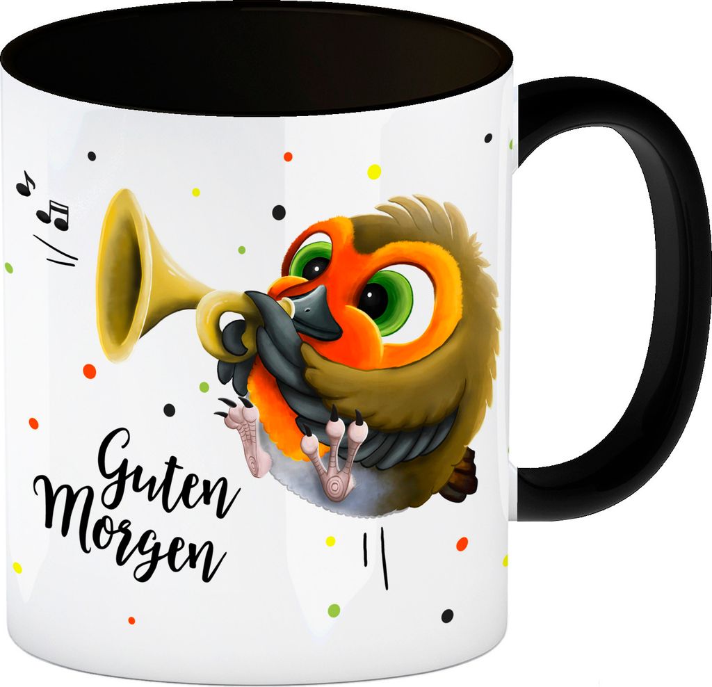 Guten Morgen Kaffeebecher Henkel und Innenseite Schwarz mit Rotkehlchen