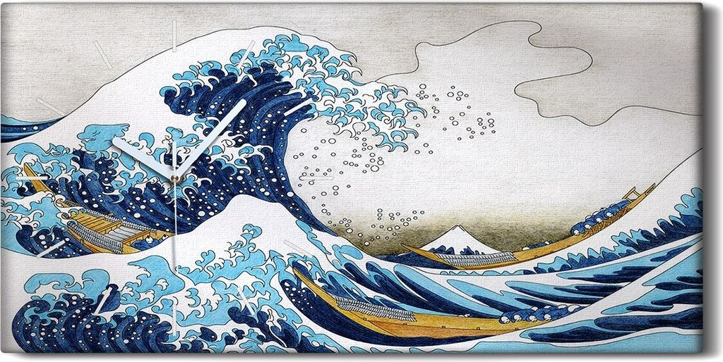 Küche Wohnzimmer Wand Leinwand Uhr 60x30 Hokusai The Great Wave Of Kanagawa - weiße Hände