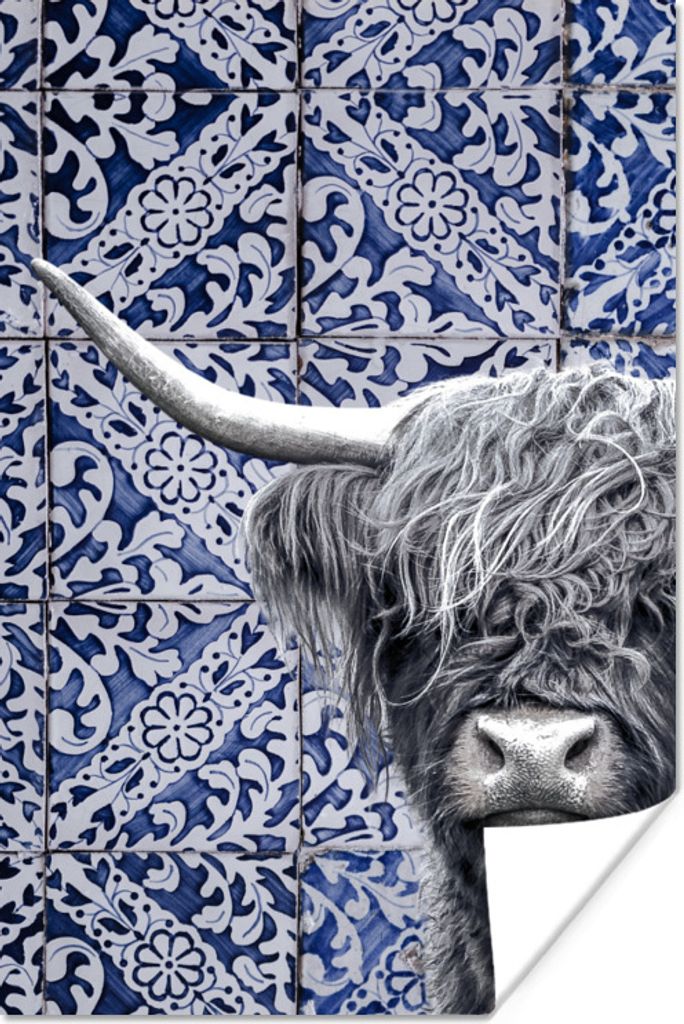 MuchoWow Poster Delfter Blau - Schottischer Highlander - Schwarz - Weiß 80x120 cm - Papierdruck