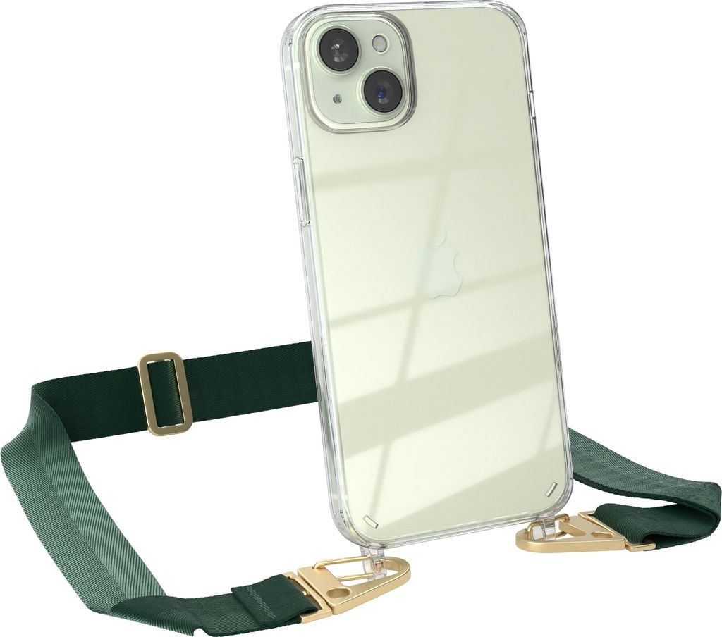 EAZY CASE - Hülle mit Band für Apple iPhone 15 Plus, Handyhülle mit Umhängeband, Silikonhülle transparent, Handykette in Grün