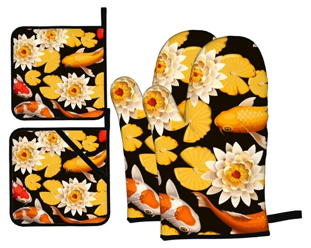 Ofenhandschuhe mit rotem Karpfenfisch und Lotus-Muster, hitzebeständige Ofenhandschuhe und Topflappen, Grillen, Küche, Backen, Kochen (4-teiliges...
