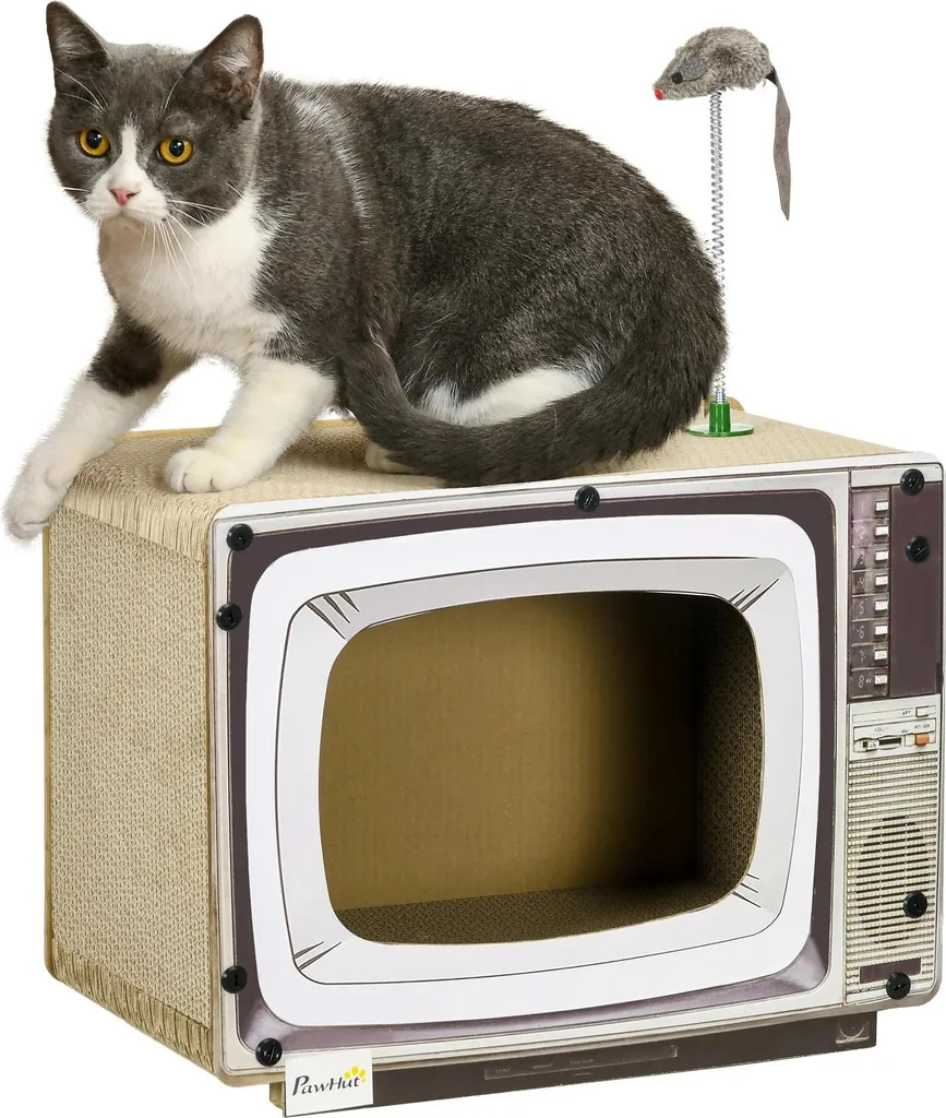 Griffoir design TV pour chat en carton recyclé avec souris interactive