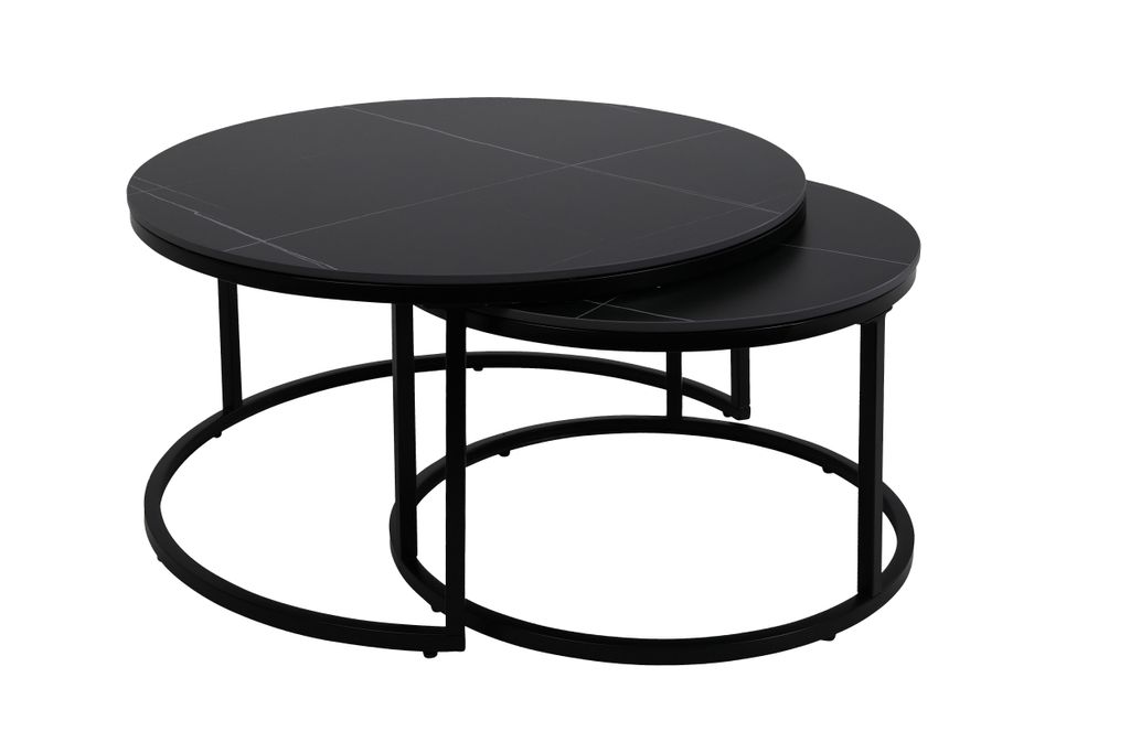 Two nesting round coffee tables with black tops and black metal frames, shown against a white background.