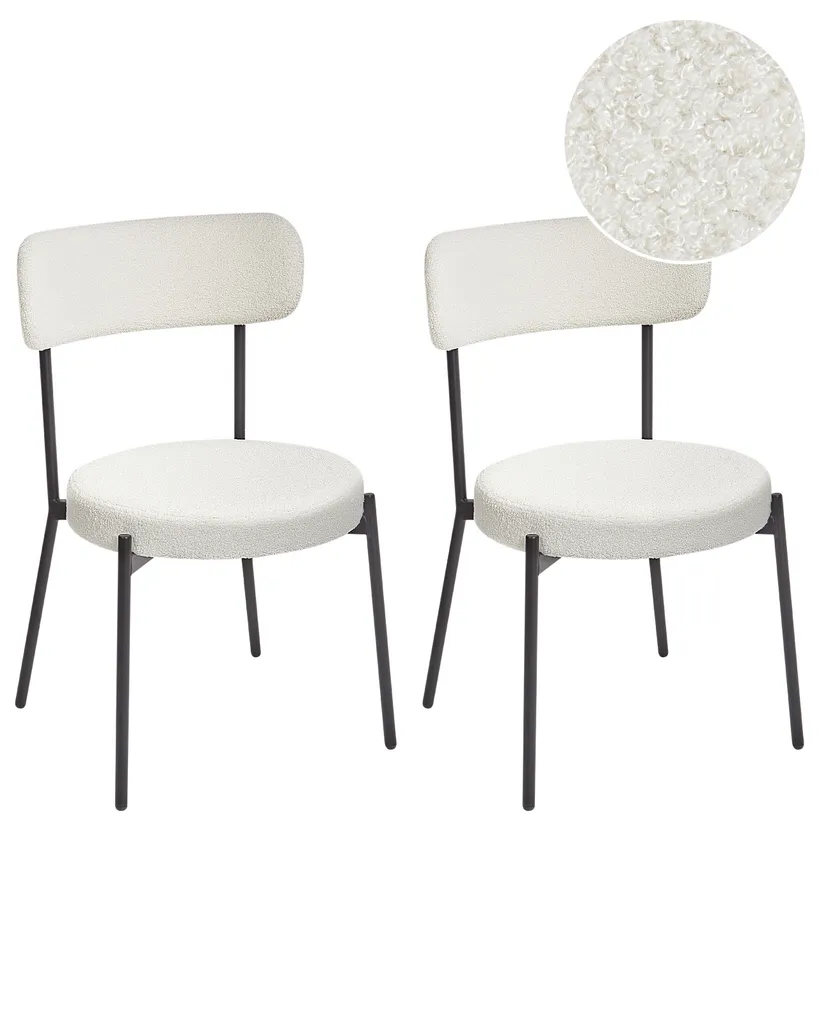 Chaises de salle à manger blanches en bouclé avec pieds en acier noir x2