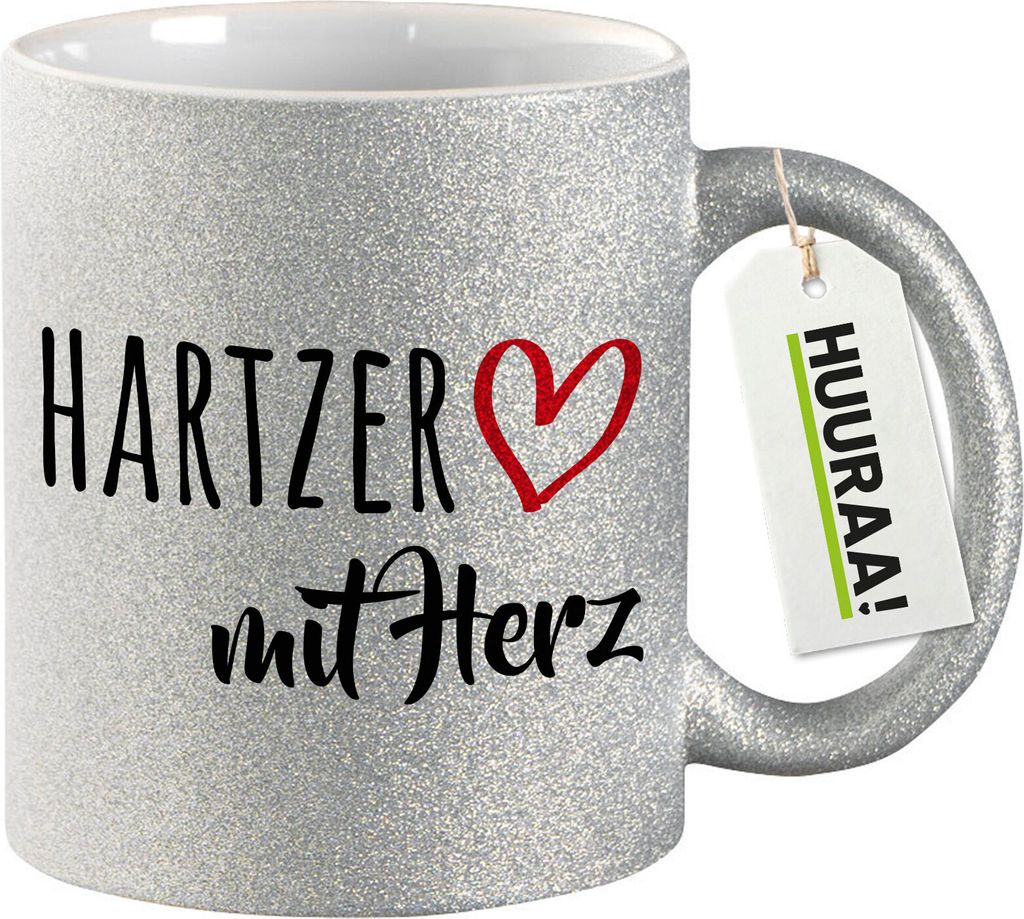Huuraa Glitzertasse Hartzer mit Herz 330ml Silber Keramik Kaffeebecher Geschenkidee