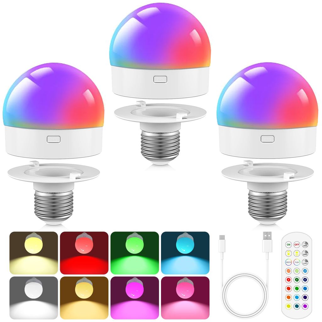 A collage of rechargeable LED light bulbs, showing different color options, a remote control, and charging cables.