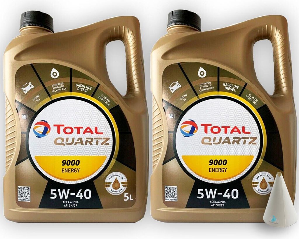 Total Quartz 9000 Energy | 5W-40 | 10 L | MB 229.5 | VW 502.00 / 505.00 | Porsche A40 | mit Trichter