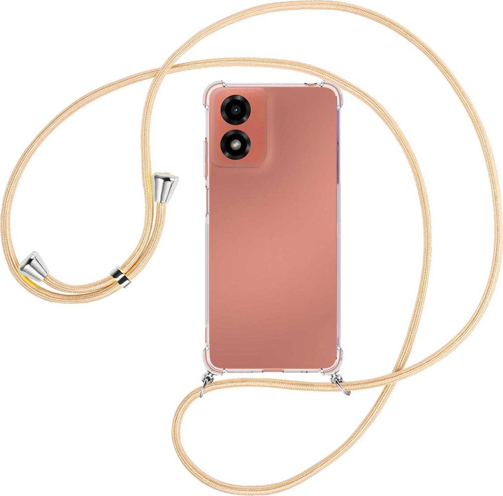 Handykette Backcover-Schutzhülle mit Band (Metall silberfarben) für Motorola Moto G04 / G04s - Goldkordel