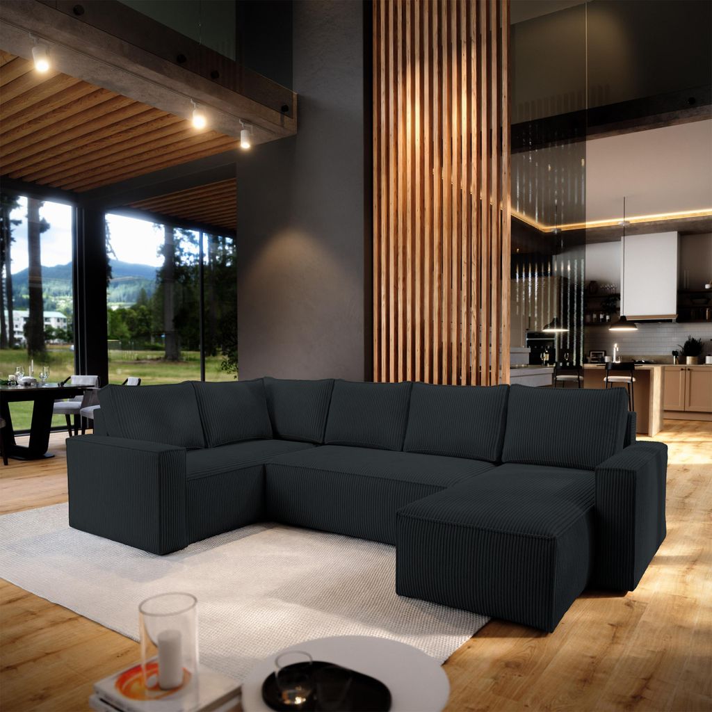 Masseno Ecksofa NORENA L-S mit Schlaffunktion U-Form, Sofa mit Bettkasten, Wohnzimmersofa, Couch, Soffa, Bettsofa, Couchgarnitur- Schwarz, POSO 135