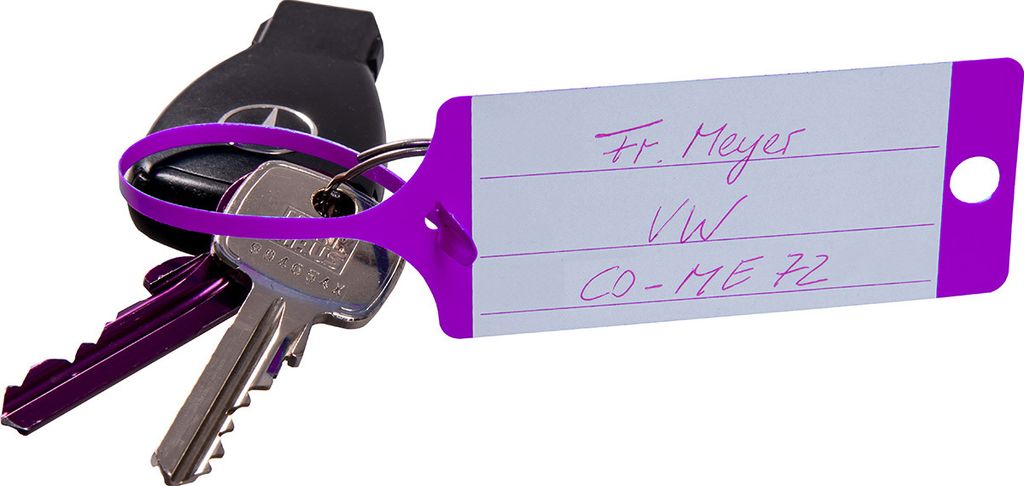 Schlüsselanhänger "Fix", ohne Beschriftung, flache und schmale Schlaufe, mit Steckverschluss, in praktischer Spenderbox, 210 x 35 mm, Violett, Ve...