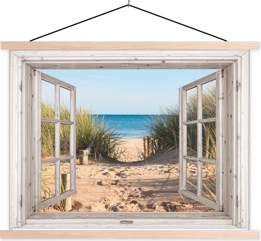 MuchoWow Textilposter Durchblick - Strand - Meer - Dünen - Sand - Wasser - Hochgras 120x90 cm mit holzfarbenen Rahmen - Magnetisch