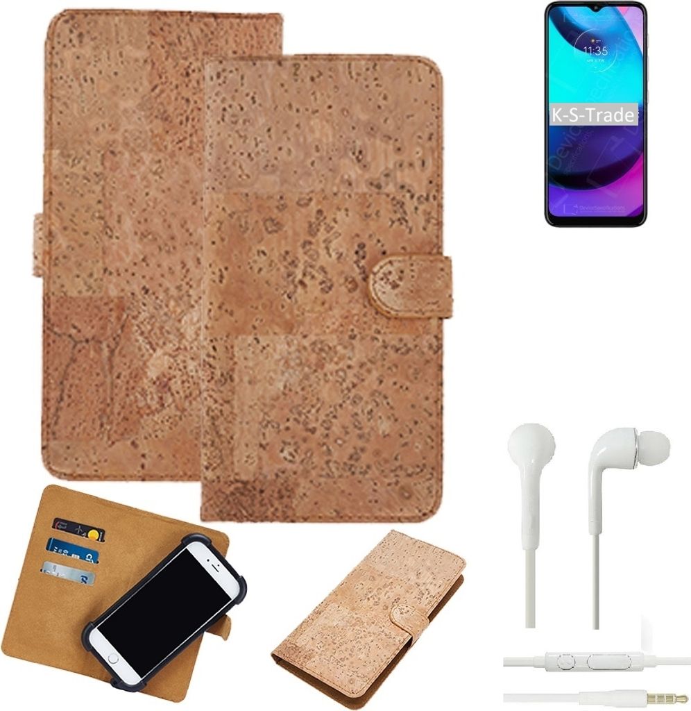 K-S-Trade Hülle kompatibel mit Motorola Moto E20 + in ear Kopfhörer Kork Handyhülle Cover Schutzhülle TPU Case Bumper in Hellbraun, (1x)