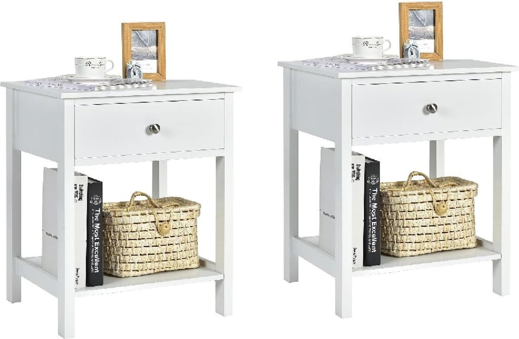 Two white nightstands are shown side-by-side against a white background. Each nightstand has a drawer, an open shelf with a woven basket, and two books.