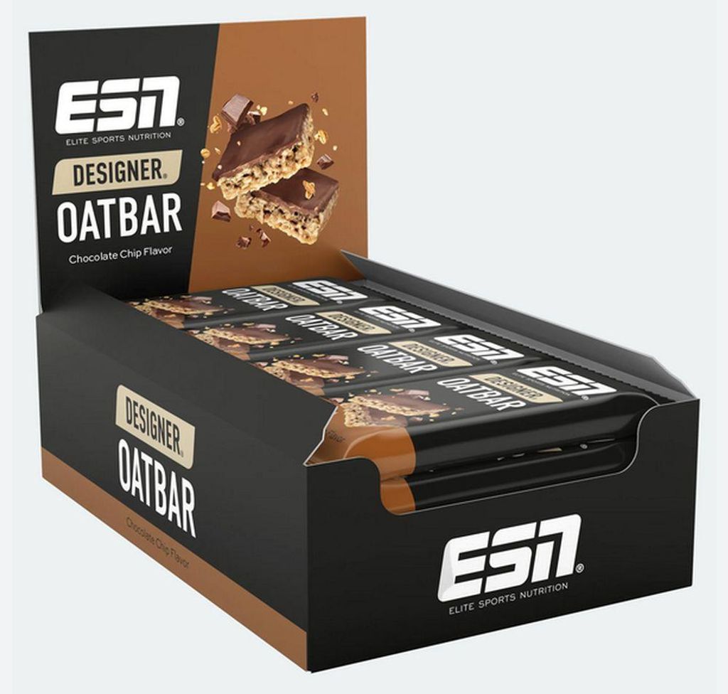 A display box of ESN Designer Oatbars in Chocolate Chip flavor.