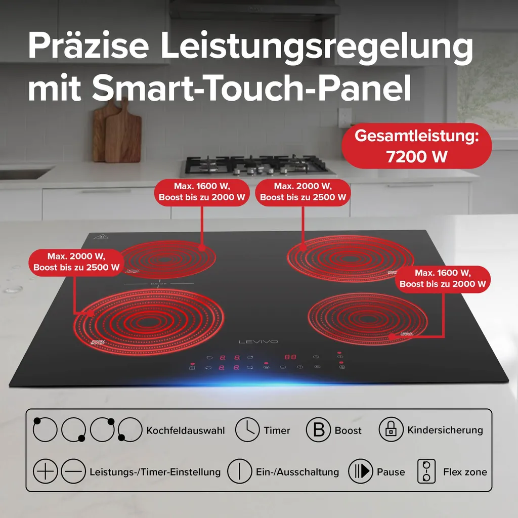 Levivo Table de cuisson à induction 60 cm 4 plaques avec fonction Bridge