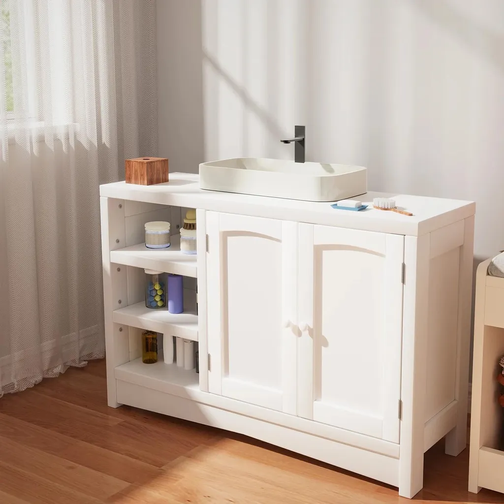 Meuble salle de bain au sol sans perçage avec plan en Solid Surface