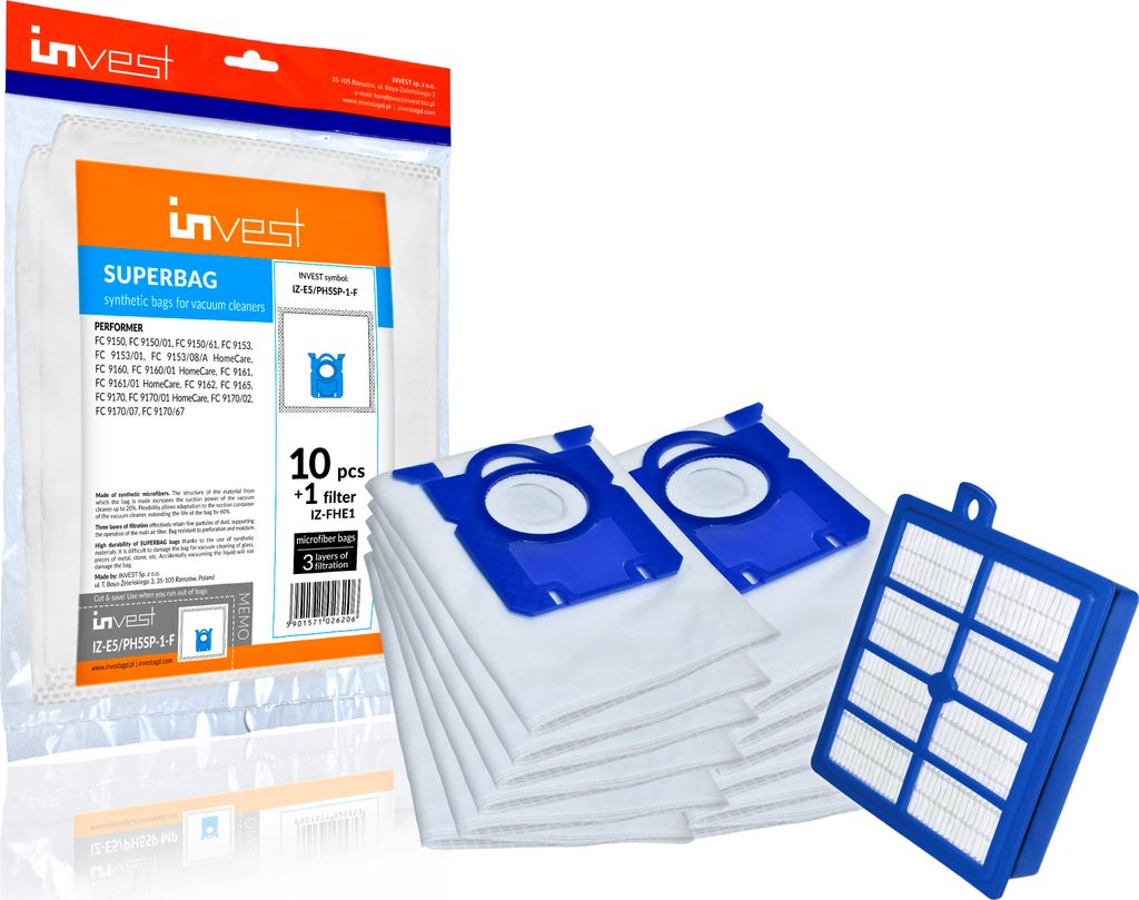 10 Staubsaugerbeutel mit 1 HEPA Filter geeignet für Philips Performer FC 9150/9199, FC 9150/01, FC 9150/61, FC 9153, FC 9153/01, FC 9153/08/A Home...