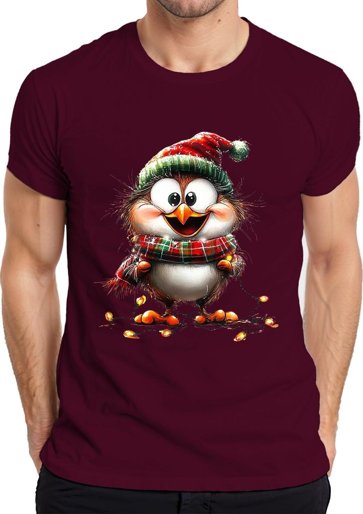 Weihnachtseule niedlich Schal Lichterkette Geschenk Weihnachten Herren T-Shirt, Burgundy, XXL