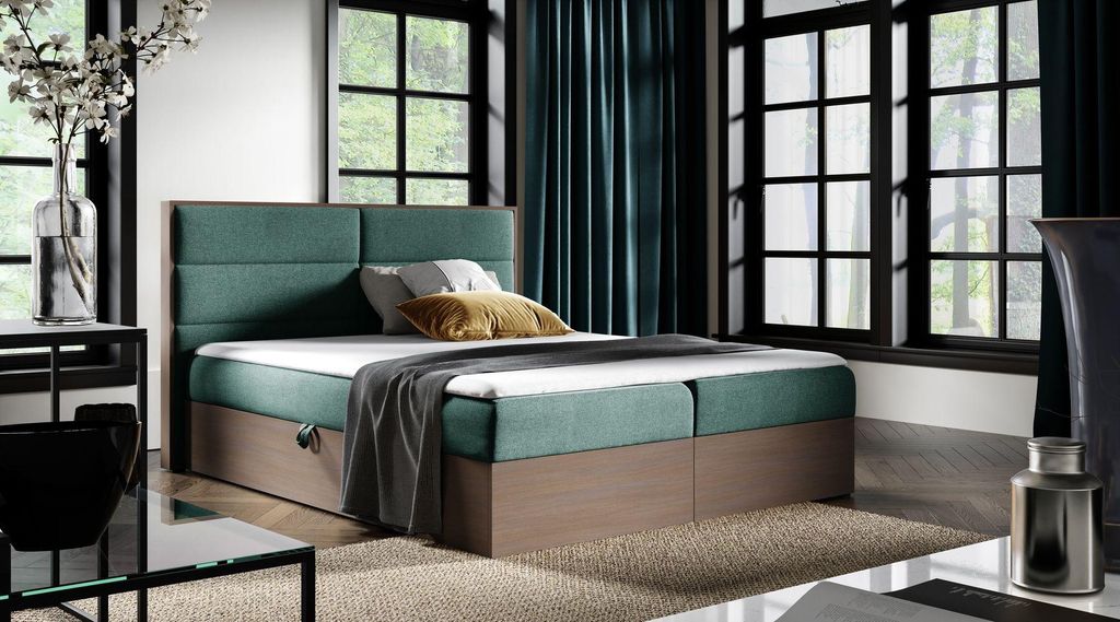 Kontinentales Bett 200x200 CHANTELLE 5 - dunkle Eiche / Grün + GRATIS Matratzenauflage